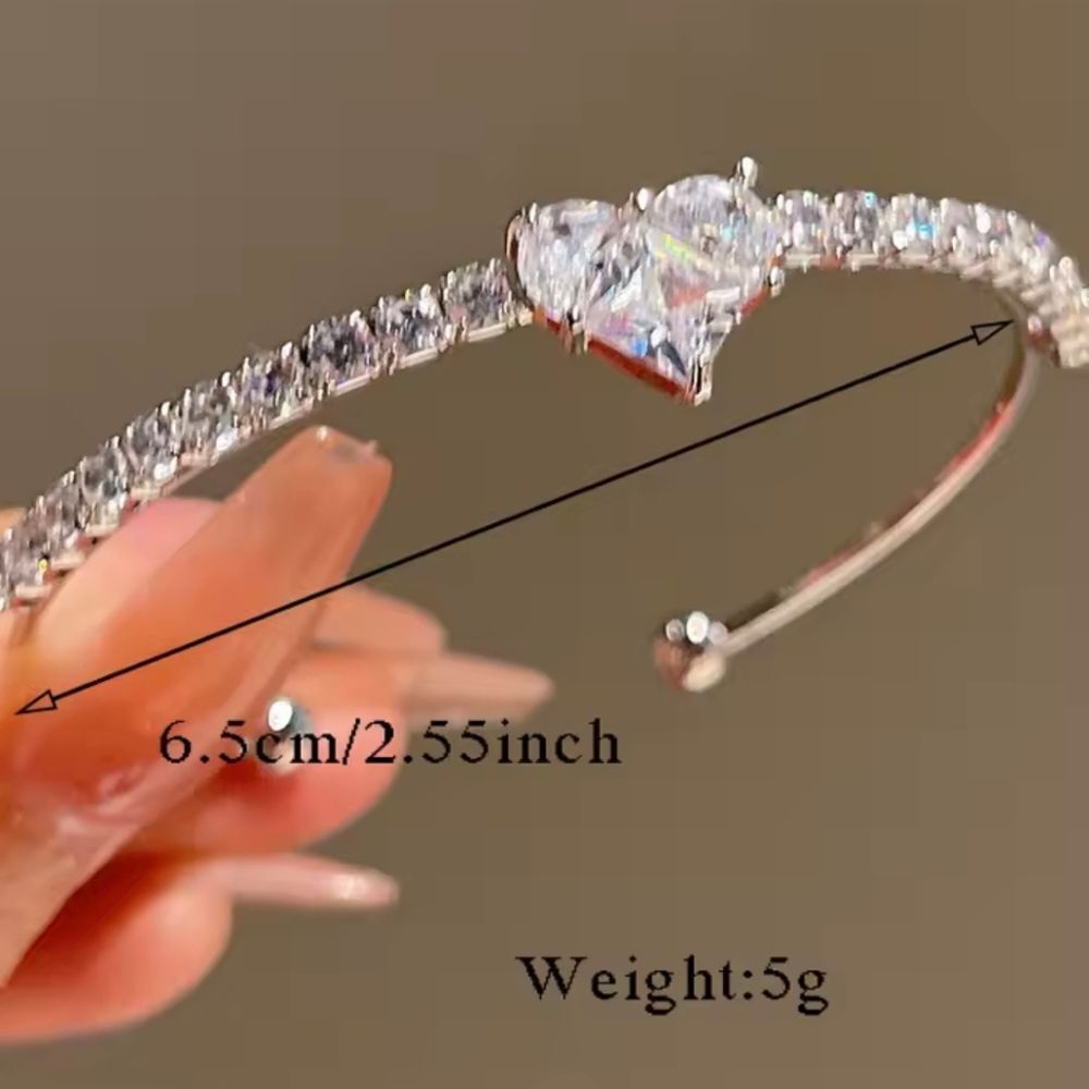 Silver Rhinestone Heart Bangle Bracelet - Picture 2 of 4